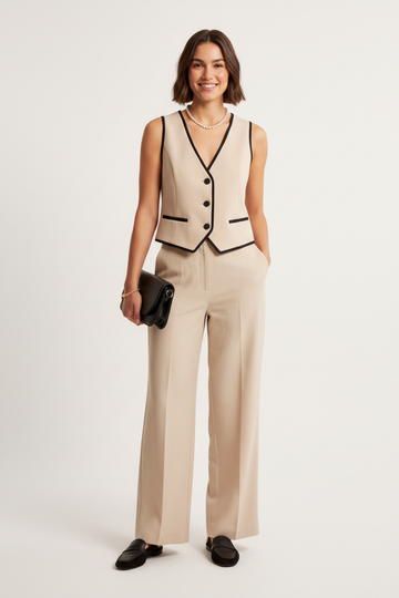 Contrast Trim Vest & Wide Leg Pants Set